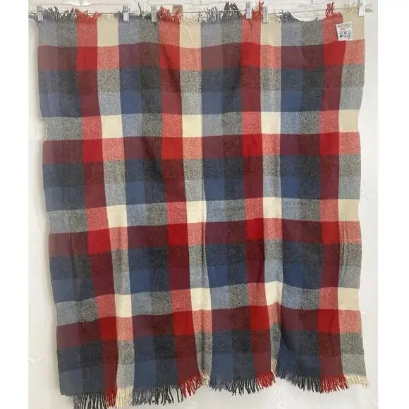 Faribault Woolen Mill Blanket Throw Plaid Fringed Blue Orange Cream FLAWS USA Wo - Picture 4 of 11